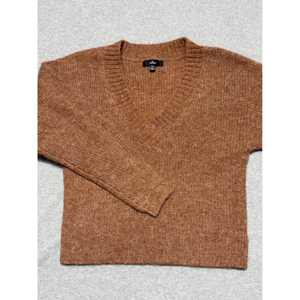 Lulus Womens XS Brown Wool Blend V-Neck Pullover Knit Sweater Ribbed Trim